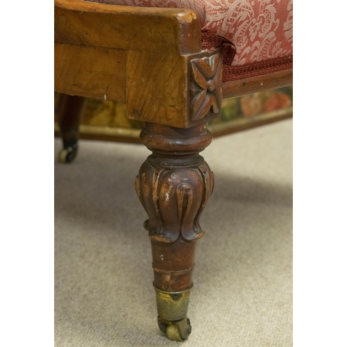 507 - NURSING CHAIR, William IV mahogany in red damask with brass castors, leg stamped 8475