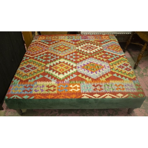 461 - HEARTH STOOL, 34cm H x 122cm W x 122cm D, kilim upholstered, with green velvet sides.