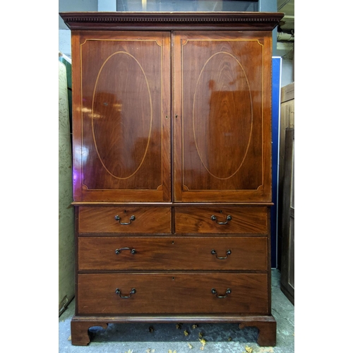 491 - LINEN PRESS, 133cm x 208cm H x 66cm, George III mahogany and line inlaid with sliding trays to the t... 