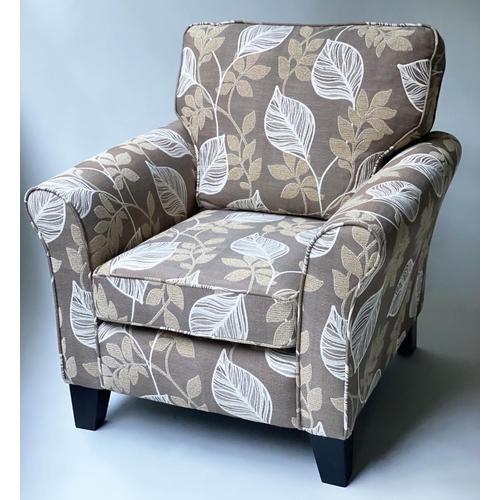 152 - ARMCHAIR, contemporary, two tone fern leaf weave, with scroll arms and tapering supports, 85cm W.