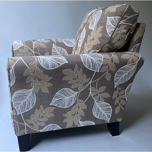 152 - ARMCHAIR, contemporary, two tone fern leaf weave, with scroll arms and tapering supports, 85cm W.