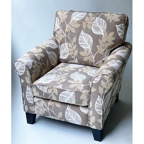 152 - ARMCHAIR, contemporary, two tone fern leaf weave, with scroll arms and tapering supports, 85cm W.