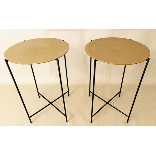 156 - SIDE TABLES, a pair, 60cms x 40cms, 1950's Italian style, gilt metal tops (2).