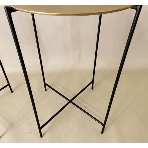 156 - SIDE TABLES, a pair, 60cms x 40cms, 1950's Italian style, gilt metal tops (2).