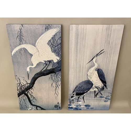 160 - JAPANESE STYLE DIPTYCH, 110cm x 51cm, depicting two cranes.