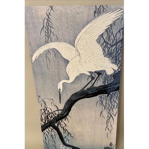 160 - JAPANESE STYLE DIPTYCH, 110cm x 51cm, depicting two cranes.