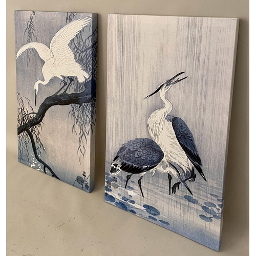 160 - JAPANESE STYLE DIPTYCH, 110cm x 51cm, depicting two cranes.