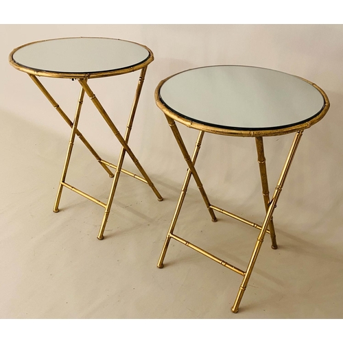 165 - MAISON BAGUES STYLE SIDE TABLES, a pair, 75cm x 45cm x 45cm, faux bamboo, gilt metal. (2)