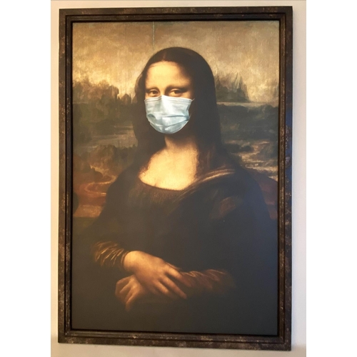 166 - AFTER LEONARDO DA VINCI, MONA LISA WITH A MEDICAL MASK, print, framed, 120cm x 80cm.