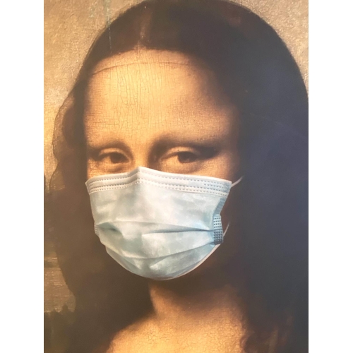 166 - AFTER LEONARDO DA VINCI, MONA LISA WITH A MEDICAL MASK, print, framed, 120cm x 80cm.