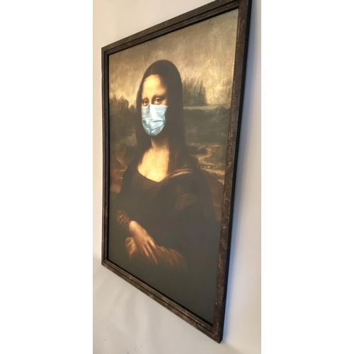 166 - AFTER LEONARDO DA VINCI, MONA LISA WITH A MEDICAL MASK, print, framed, 120cm x 80cm.