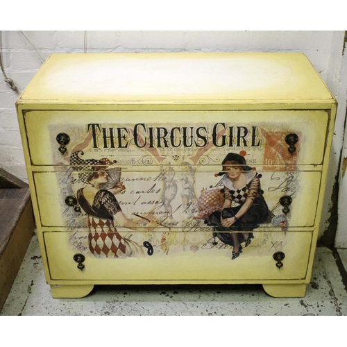 496 - CHEST, 76cm H x 91cm x 45cm, painted and paper decorated 'The circus girl' of three drawers.