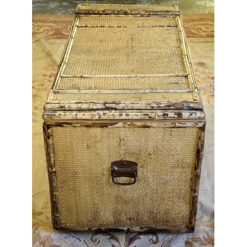 497 - TRUNK, 57cm H x 110cm x 52cm, early/mid 20th century bamboo with side handles and paper lined interi... 