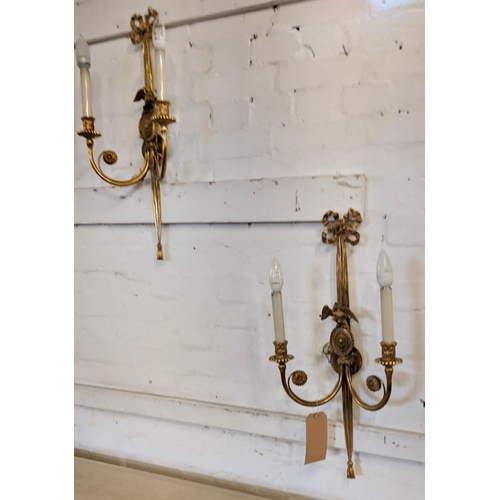 515 - WALL SCONCES, a pair, 72cm H x 33cm W, brass. (2)