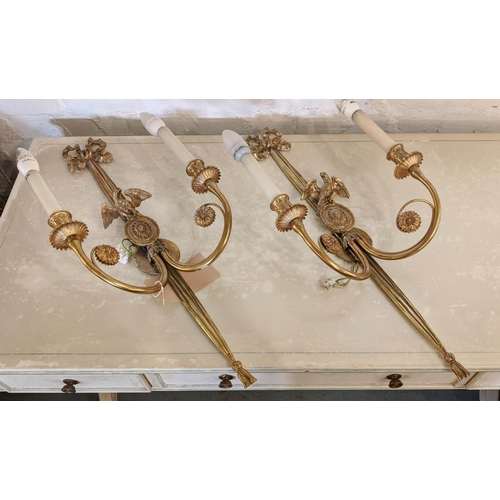 515 - WALL SCONCES, a pair, 72cm H x 33cm W, brass. (2)