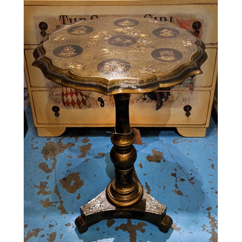 522 - PAPIER MACHE TABLE, 74cm H x 53cm, Victorian black and gilt Chinoiserie with shaped circular tilt to... 