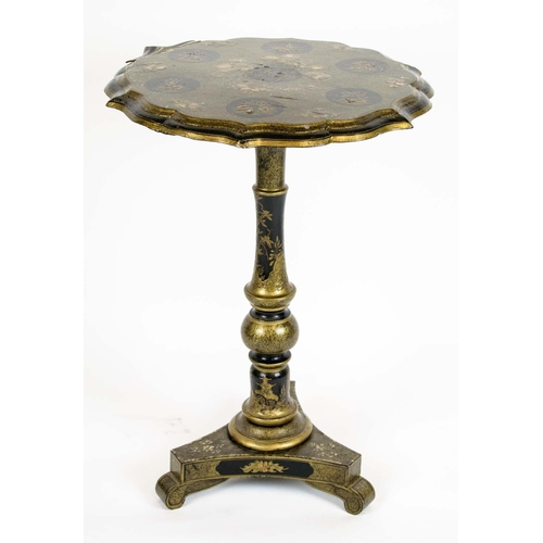 522 - PAPIER MACHE TABLE, 74cm H x 53cm, Victorian black and gilt Chinoiserie with shaped circular tilt to... 