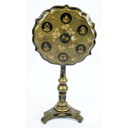 522 - PAPIER MACHE TABLE, 74cm H x 53cm, Victorian black and gilt Chinoiserie with shaped circular tilt to... 