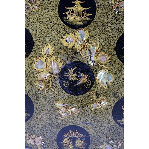 522 - PAPIER MACHE TABLE, 74cm H x 53cm, Victorian black and gilt Chinoiserie with shaped circular tilt to... 