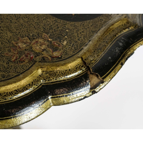 522 - PAPIER MACHE TABLE, 74cm H x 53cm, Victorian black and gilt Chinoiserie with shaped circular tilt to... 