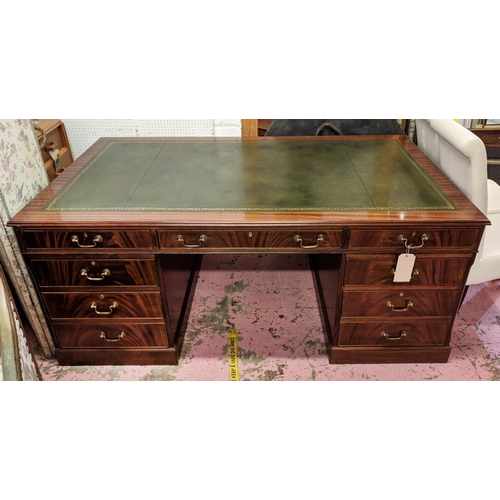 523 - PARTNER'S DESK, by Shaw of London, 77cm H x 183cm x 106cm, Georgian style mahogany with green leathe... 