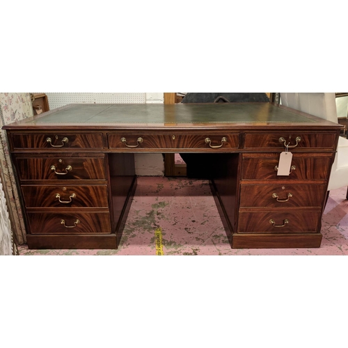 523 - PARTNER'S DESK, by Shaw of London, 77cm H x 183cm x 106cm, Georgian style mahogany with green leathe... 