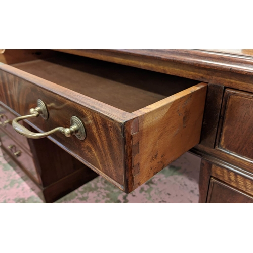 523 - PARTNER'S DESK, by Shaw of London, 77cm H x 183cm x 106cm, Georgian style mahogany with green leathe... 