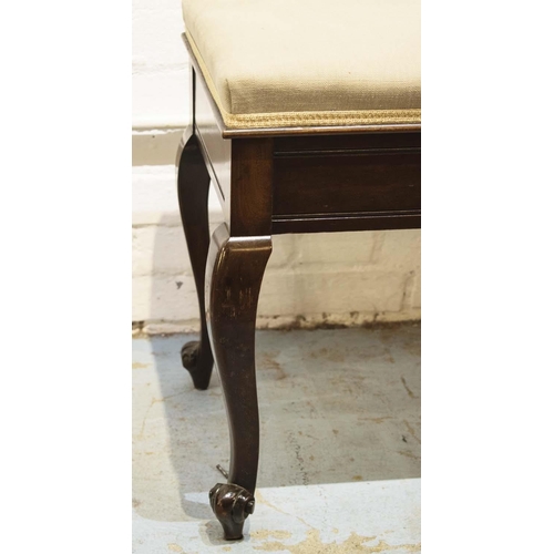 525 - DUET STOOL, 53cm H x 107cm W x 38cm D, Edwardian mahogany with hinged grey fabric seat.