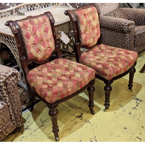 528 - DINING CHAIRS BY BLYTH & SONS, Victorian mahogany in harlequin chenille, black lining to backs, repl... 