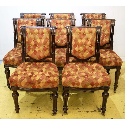 528 - DINING CHAIRS BY BLYTH & SONS, Victorian mahogany in harlequin chenille, black lining to backs, repl... 