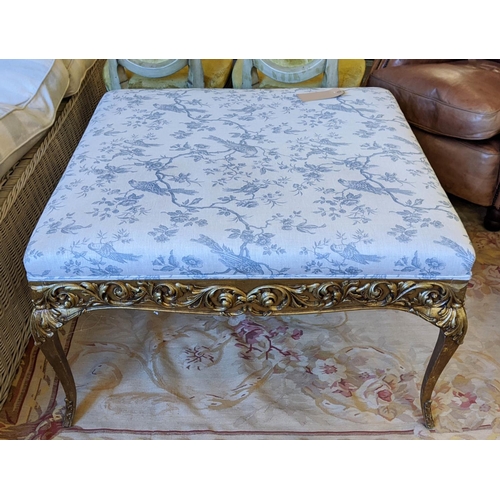 529 - HEARTH STOOL, 53cm H z 93cm W x 93cm D,  Louis XV style giltwood in toile de jouy fabric