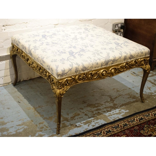 529 - HEARTH STOOL, 53cm H z 93cm W x 93cm D,  Louis XV style giltwood in toile de jouy fabric