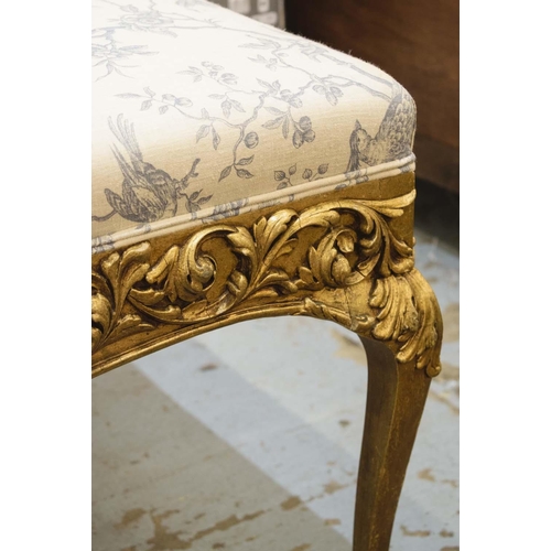 529 - HEARTH STOOL, 53cm H z 93cm W x 93cm D,  Louis XV style giltwood in toile de jouy fabric