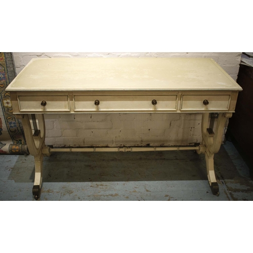 531 - WRITING TABLE, 77cm H x 125cm W x 57cm D Regency style painted and brass mounted with three drawers.