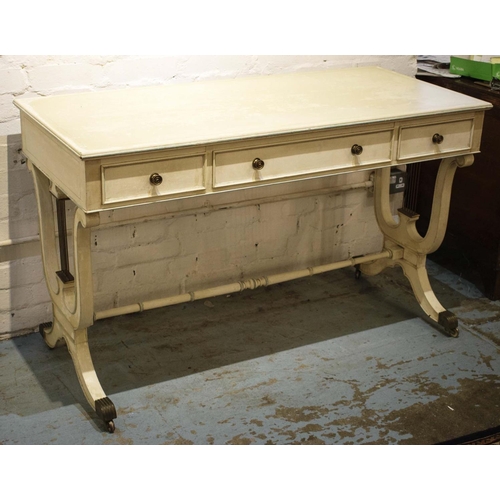 531 - WRITING TABLE, 77cm H x 125cm W x 57cm D Regency style painted and brass mounted with three drawers.