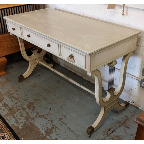 531 - WRITING TABLE, 77cm H x 125cm W x 57cm D Regency style painted and brass mounted with three drawers.