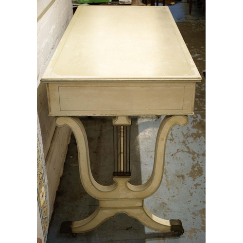 531 - WRITING TABLE, 77cm H x 125cm W x 57cm D Regency style painted and brass mounted with three drawers.