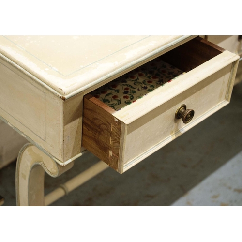 531 - WRITING TABLE, 77cm H x 125cm W x 57cm D Regency style painted and brass mounted with three drawers.