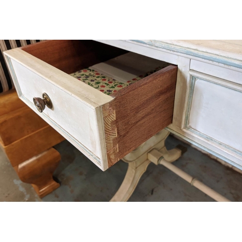 531 - WRITING TABLE, 77cm H x 125cm W x 57cm D Regency style painted and brass mounted with three drawers.