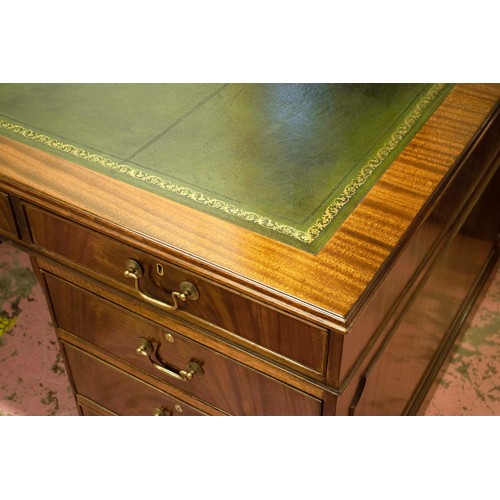 523 - PARTNER'S DESK, by Shaw of London, 77cm H x 183cm x 106cm, Georgian style mahogany with green leathe... 