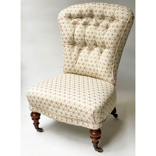 460 - SLIPPER CHAIR, Victorian walnut with buttoned silk trellis and turned feet, 52cm W