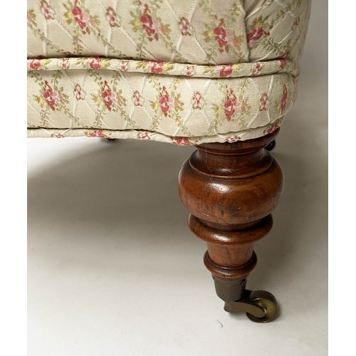 460 - SLIPPER CHAIR, Victorian walnut with buttoned silk trellis and turned feet, 52cm W