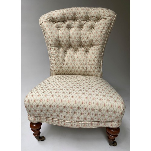 460 - SLIPPER CHAIR, Victorian walnut with buttoned silk trellis and turned feet, 52cm W