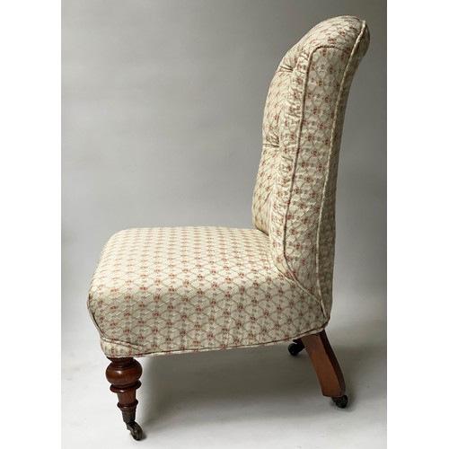 460 - SLIPPER CHAIR, Victorian walnut with buttoned silk trellis and turned feet, 52cm W