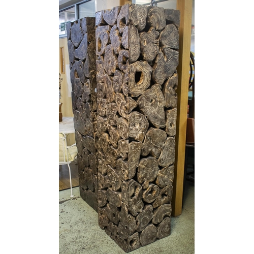 85 - ARCHITECTURAL COLUMNS, a pair, 198cm H x 49cm W, French, of square outline, formed from tree segment... 