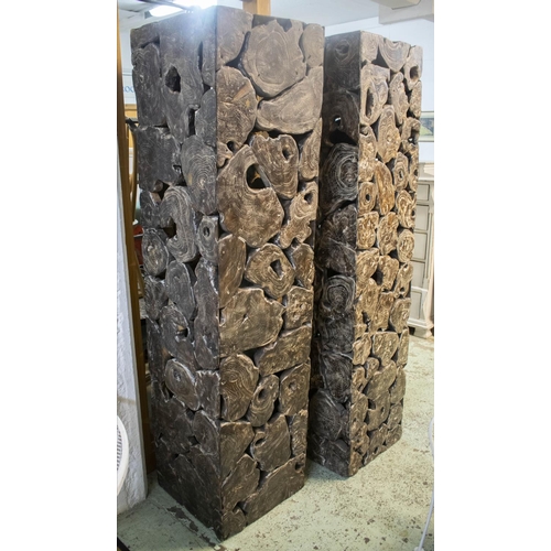 85 - ARCHITECTURAL COLUMNS, a pair, 198cm H x 49cm W, French, of square outline, formed from tree segment... 