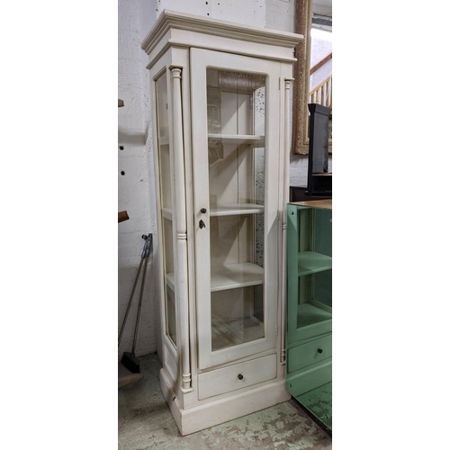 73 - LINEN CUPBOARD, 64cm x 114cm x 181.5cm approx, white painted, glazed doors, 3 shelves, lockable.