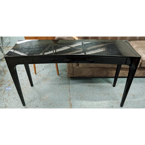 92 - CONSOLE TABLE, 40cm x 78cm H x 131cm, black gloss of concave outline.