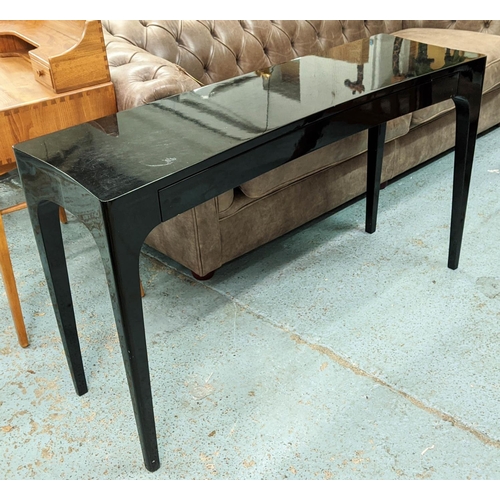 92 - CONSOLE TABLE, 40cm x 78cm H x 131cm, black gloss of concave outline.