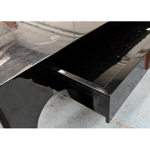 92 - CONSOLE TABLE, 40cm x 78cm H x 131cm, black gloss of concave outline.